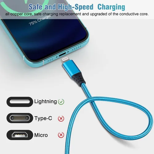 Miniatura 2 de Paquete de 5 cargadores para iPhone, 10 pies, con certificación MFi de Apple, cable Lightning de carga rápida, de nailon trenzado, USB-A a