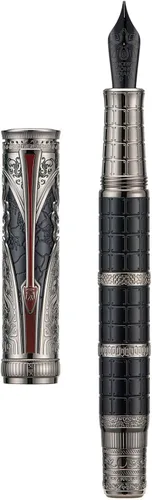 Hongdian D5X - Pluma estilográfica de color negro, punta mediana, dinastía Qin, retro, tótem chino, grabado, pluma de escritura suave con