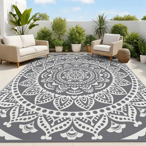 Miniatura 15 de Bsmathom Alfombra impermeable para exterior de 6'x9' reversible de pajita de plástico estilo boho para patio, terraza, camping, alfombras, portátil