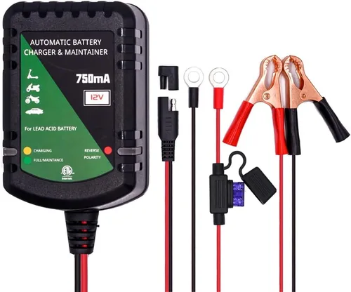 Unocho Cargador de batería de 12 V 750 mA Mantenedor automático de goteo y flotador para baterías de plomo-ácido, desconexión rápida SAE con clips y