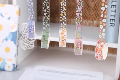 Miniatura 6 de YUBBAEX 5 rollos de juego de cinta adhesiva Washi con patrón floral PET Flores decorativas transparentes para manualidades, bricolaje, diarios
