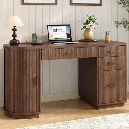 Miniatura 3 de ONBRILL Escritorio ejecutivo acanalado de 58 pulgadas, escritorio para computadora con cajones de almacenamiento y cajón de archivos, moderno Nogal