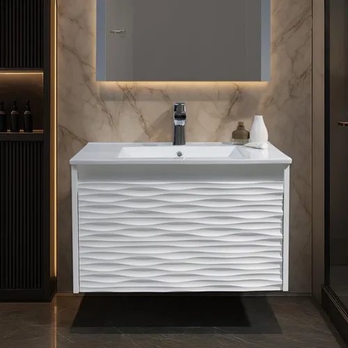 Miniatura 16 de BLOSSOM Tocador de baño blanco de 48 pulgadas con fregadero, tocador de baño flotante de madera con fregadero de 48 pulgadas, espejo, gabinete