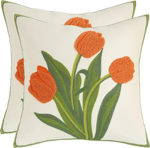 Miniatura 14 de Fundas de almohada bordadas de 16 x 16 pulgadas, paquete de 2 fundas de almohada de tulipán naranja con diseño floral de primavera, fundas