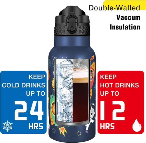 Miniatura 6 de Han's Bottle Botella de agua para niños con tapa con pajilla, vaso reutilizable de acero inoxidable aislado para niñas, niños, taza térmica, 17