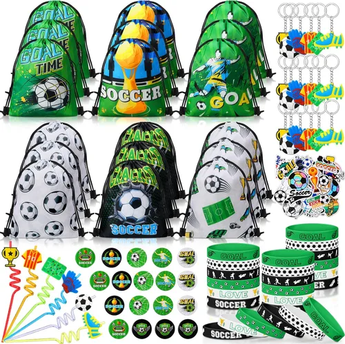 Sadnyy 140 piezas de regalos de fiesta de fútbol, suministros de decoración de fiesta de cumpleaños de fútbol, bolsas con cordón con pulseras de