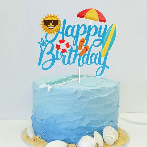 Miniatura 5 de LINGBOOM Summer Beach - Decoración para pastel de cumpleaños con purpurina azul, 4.2 x 5.9 in, multicolor