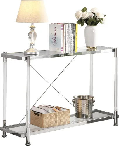 Moderna mesa consola de cristal plateado, mesa de sofá estrecha para entrada con estantes de almacenamiento de 2 niveles para pasillo, espacio