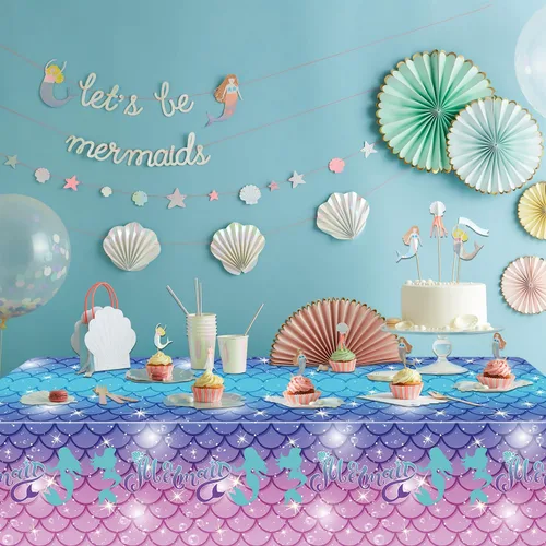 Miniatura 7 de 4 manteles rectangulares de sirena, manteles desechables para fiestas bajo el mar, baby shower, decoración de cumpleaños de sirena, 51 x 86 pulgadas