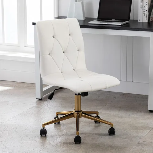 Miniatura 4 de DUHOME Silla moderna de oficina en casa, de piel sintética, bonita silla de escritorio blanca con base dorada, silla de tocador rodante sin brazos