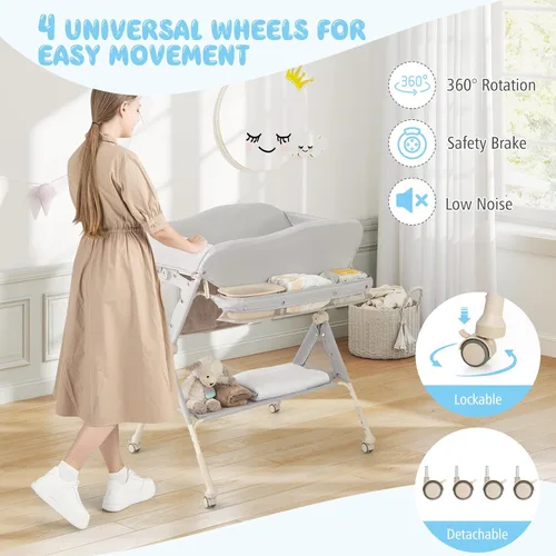 Miniatura 6 de BABY JOY Cambiador portátil para bebé, estación de cambio de pañales plegable con ruedas, altura ajustable, estante de almacenamiento grande, lavabo