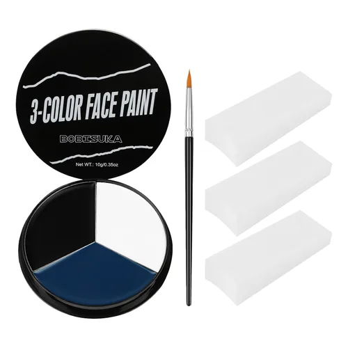 Pintura facial blanca, negra y azul + 3 piezas de esponja + juego de pintura corporal con pincel, negro ojo para juegos deportivos de béisbol,