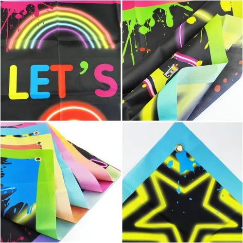 Miniatura 4 de Let's Glow Crazy Backdrop, cartel de cumpleaños con temática de neón de 70.8 x 43.3 pulgadas, decoraciones de fiesta, fondo de fotografía bailarina