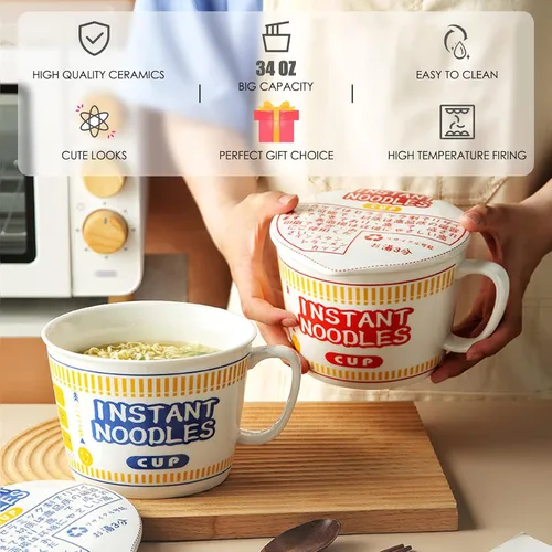 Miniatura 2 de Tazones de ramen con tapa y asa, lindos tazones de fideos instantáneos para ramen, juegos de cuencos grandes de cerámica con tenedor, regalo para 2