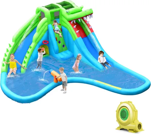 HONEY JOY Toboganes acuáticos inflables para niños, castillo de agua de cocodrilo 7 en 1 con pared de escalada y tobogán largo, túnel de arrastre y