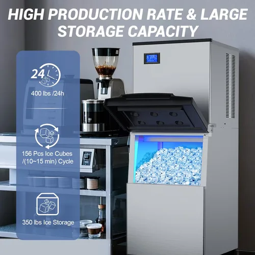 Miniatura 3 de Máquina de hielo comercial para hacer hielo, máquina de hielo industrial de 400 libras/24 horas, almacenamiento de 350 libras, máquinas de hielo