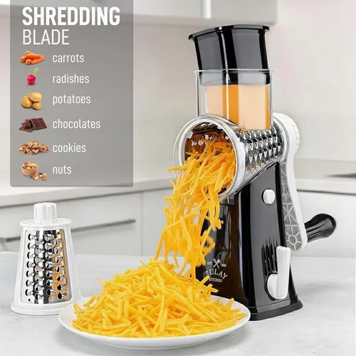 Miniatura 3 de Zulay Kitchen Rallador rotativo de queso de 5 cuchillas, rallador de queso manual de manivela con succión reforzada y 5 tambores intercambiables
