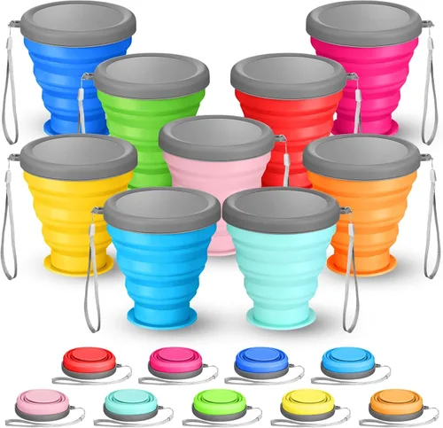 Umigy 9 unidades de 6.8 onzas / 6.8 fl oz de silicona plegable taza con tapa, botellas de agua plegables reutilizables, pequeñas tazas de viaje