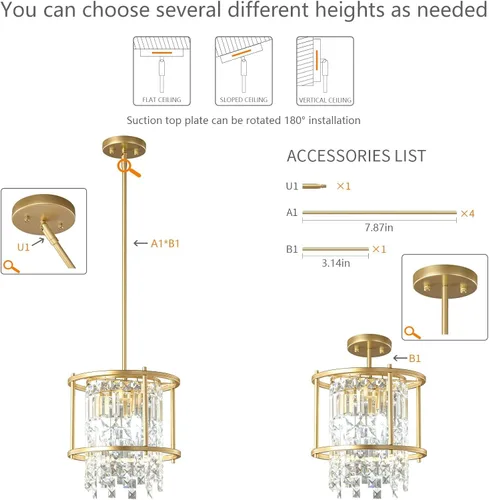 Miniatura 4 de LMQNINE Candelabro Moderno para Vestíbulo, Candelabro de Cristal Dorado Lámpara Colgante de Entrada, Candelabros Redondos de Altura Ajustable