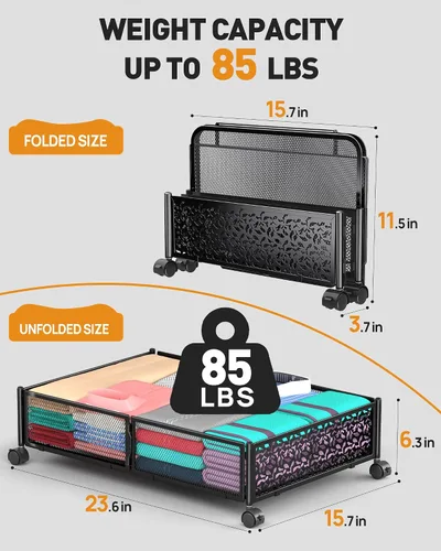 Miniatura 6 de Almacenamiento Debajo de la Cama con Ruedas, Contenedores de Almacenamiento Debajo de la Cama de Metal Calado con Patrón Plegable, Almacenamiento
