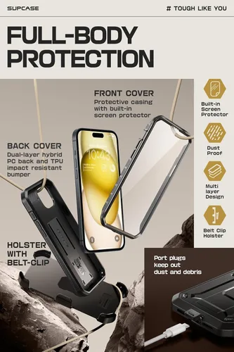 Miniatura 5 de SUPCASE Funda para iPhone 15 con soporte y clip para cinturón (Unicorn Beetle Pro), [protector de pantalla integrado]