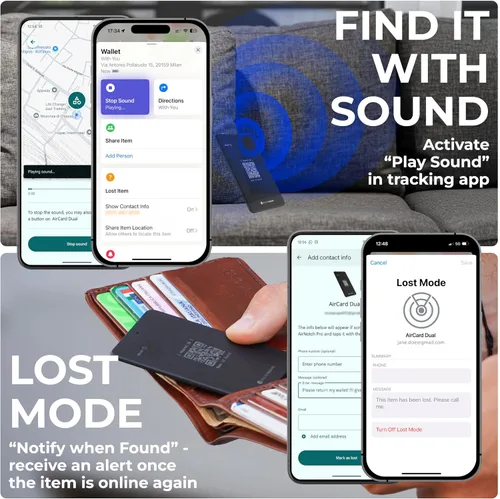 Miniatura 5 de Rolling Square AirCard Dual - Rastreador de billetera Bluetooth - Compatible con Apple iOS Find My y Google Android Find Hub - Carga inalámbrica