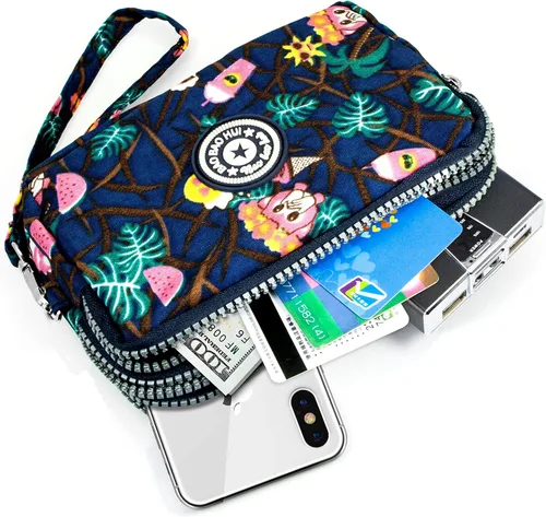 Miniatura 5 de BIAOTIE Cartera de pulsera de gran capacidad, Bolso de mano de nailon impreso impermeable para mujer