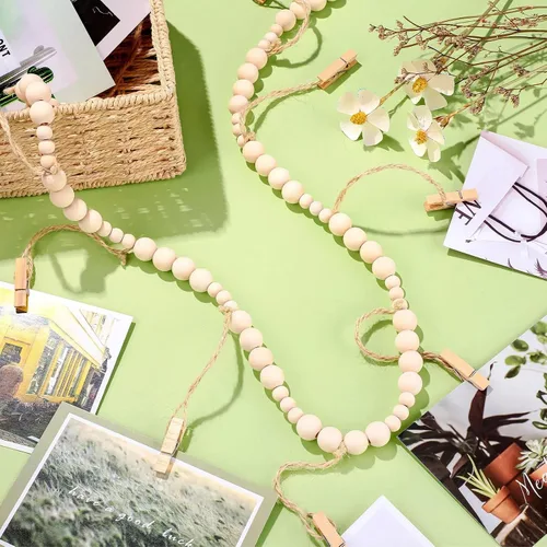Miniatura 3 de Jetec - Guirnalda de fotos con clips, guirnalda de cuentas de madera bohemia de 4 pies para colgar fotos, soporte para fotos para dormitorio