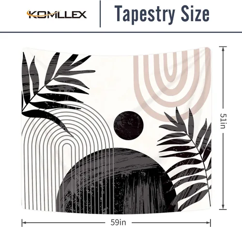 Miniatura 5 de KOMLLEX Tapiz abstracto negro bohemio de mediados de siglo, moderno, estético, minimalista, para colgar en la pared, hojas de sol, arco rosa