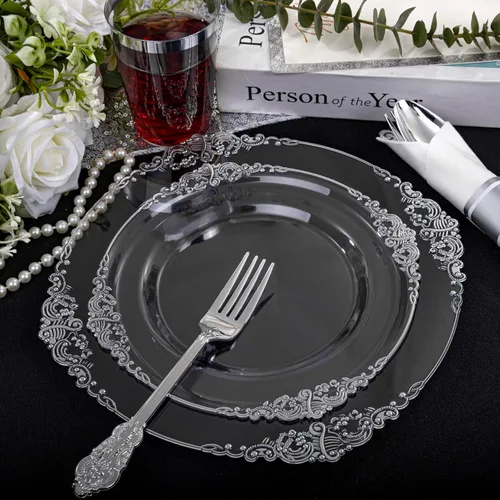 Miniatura 9 de Morejoy 350 platos de plástico plateado transparente, los juegos de platos desechables plateados incluyen 50 platos llanos, 50 platos de ensalada