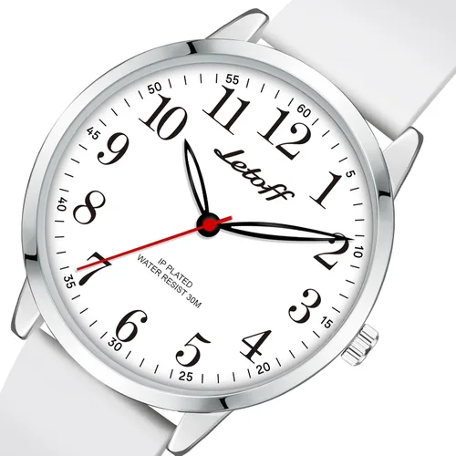 Miniatura 2 de Letoff Reloj analógico clásico, esfera blanca con números arábigos, banda de silicona, resistente al agua 30M