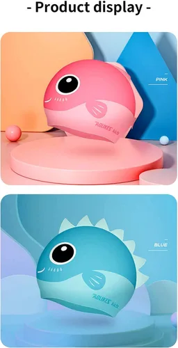 Miniatura 3 de Gorro de natación para niños, cabeza de animal, de silicona, divertido diseño de tiburón, azul y rosa, para cabello largo y corto, para niños y niñas