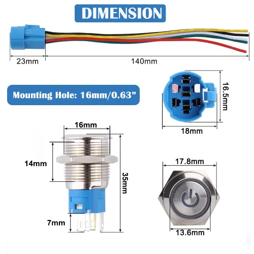 Miniatura 4 de 5 piezas de interruptor de botón de presión de cierre de metal de 16 mm impermeable, carcasa plateada, 12V-24V, 1NO 1NC, encendido/apagado