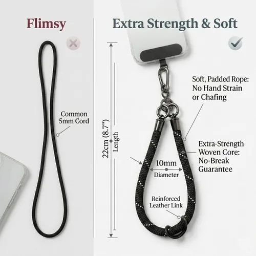 Miniatura 4 de Correa de muñeca para teléfono celular, correa de muñeca para teléfono celular alrededor de la mano con parche de cordón (negro reflectante)