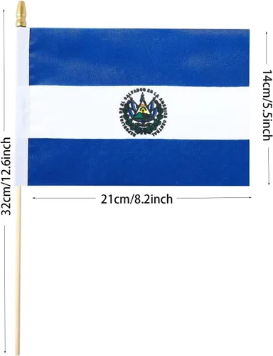 Miniatura 2 de Paquete de 12 banderas salvadoreñas en palos de El Salvador, pequeñas banderas de mano para oficina, aula, decoración de fiesta de vacaciones