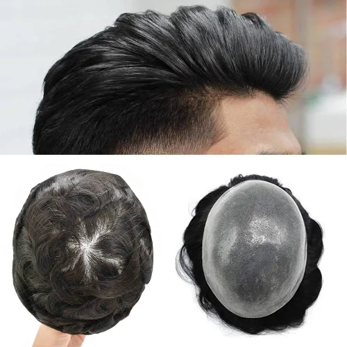 Miniatura 64 de Toupee para hombres Sistema de reemplazo de cabello humano real duradero invisible para hombre Toupee Hair Piece para hombres Poly Men Sistema