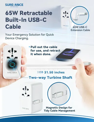 Miniatura 5 de Adaptador de viaje universal de 70 W, adaptador de enchufe con un cable USB C de carga rápida de 65 W, 1 USB-C PD y 2 USB-A QC, el mejor regalo