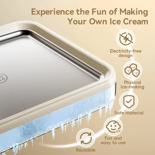 Miniatura 9 de Máquina para hacer helados enrollados, máquina de helado instantáneo con tapa y 2 espátulas, acero inoxidable SUS316 de grado alimenticio, bandeja