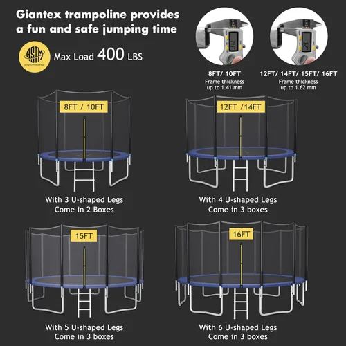 Miniatura 3 de Giantex Trampolín de 8 pies, 10 pies, 12 pies, 14 pies, 15 pies, 16 pies, para niños y adultos, cama elástica con red aprobada por ASTM, tubos