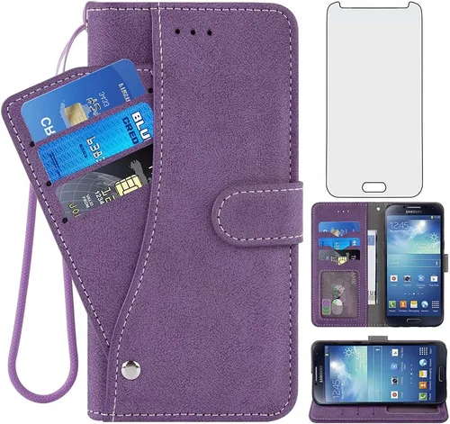 Asuwish Compatible con Samsung Galaxy S4 - Funda tipo cartera y protector de pantalla de vidrio templado, soporte para tarjetas de crédito,