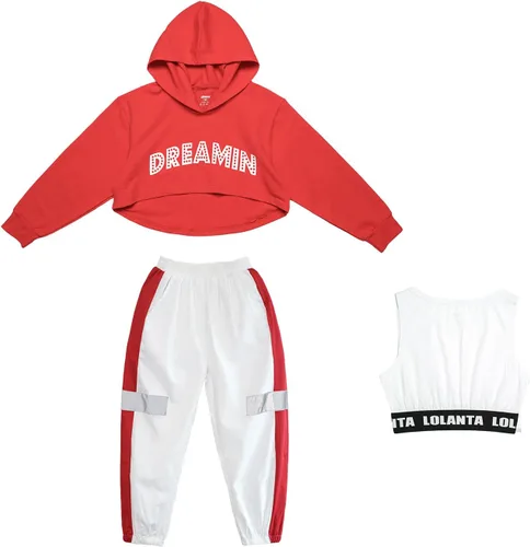 Miniatura 2 de LOLANTA Conjunto de 3 piezas para niñas, sudadera corta con capucha y pantalones deportivos, hip hop, jazz, danza callejera, monopatín