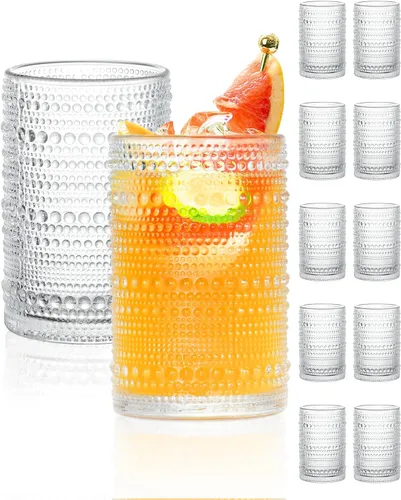 Miniatura 10 de Vasos altos vintage azules con reborde y pajitas, juego de 12 vasos de vidrio para cócteles, whisky, cerveza y jugo (15 onzas y 12 onzas)