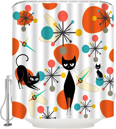 Miniatura 7 de Cortina de ducha de gato negro de mediados de siglo, moderna atómica, abstracta, geométrica, icónico, patrón retro de gatito negro de los años 50