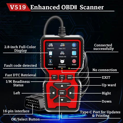 Miniatura 7 de Escáner profesional OBD2 V519 - Lector de código OBDII + CAN actualizado 2026, datos en vivo, prueba de batería, biblioteca de más de 40000 DTC