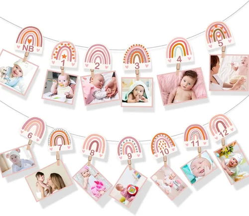 Laumoi Cartel bohemio de 1er cumpleaños de arcoíris para fotos de bebé de recién nacido a 12 meses, pancarta de fotos de hitos mensuales bohemios