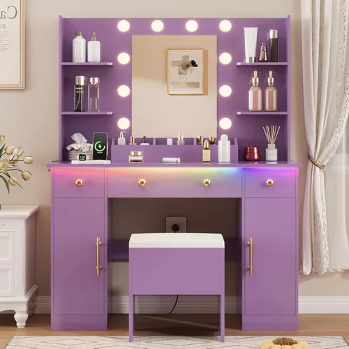 Miniatura 15 de HUANLEGO Escritorio de tocador con espejo y luces, tocador de maquillaje con espejo y luces LED y toma de corriente, 3 cajones y armarios, 3 modos