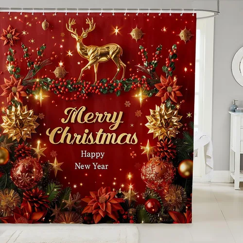 Miniatura 10 de Homewish Cortina de ducha de árbol de Navidad, juego de cortina de ducha de baño con diseño de copo de nieve dorado para niños y adultos, cortina