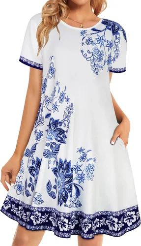 Miniatura 20 de Vestidos de verano para mujer, informales, holgados, estilo camiseta, florales, de manga corta, con vuelo y bolsillos, para la playa