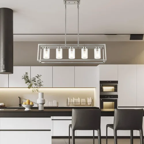 Miniatura 4 de XILICON - Lámpara colgante de comedor estilo granja de níquel cepillado, 5 luces, moderna, lámpara colgante contemporánea con pantalla de cristal
