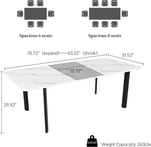 Miniatura 2 de HIPIHOM Mesa de comedor extensible para 6-8 personas, mesa rectangular de 63 a 78.7 pulgadas, MDF blanco con patas de metal resistentes, ahorro